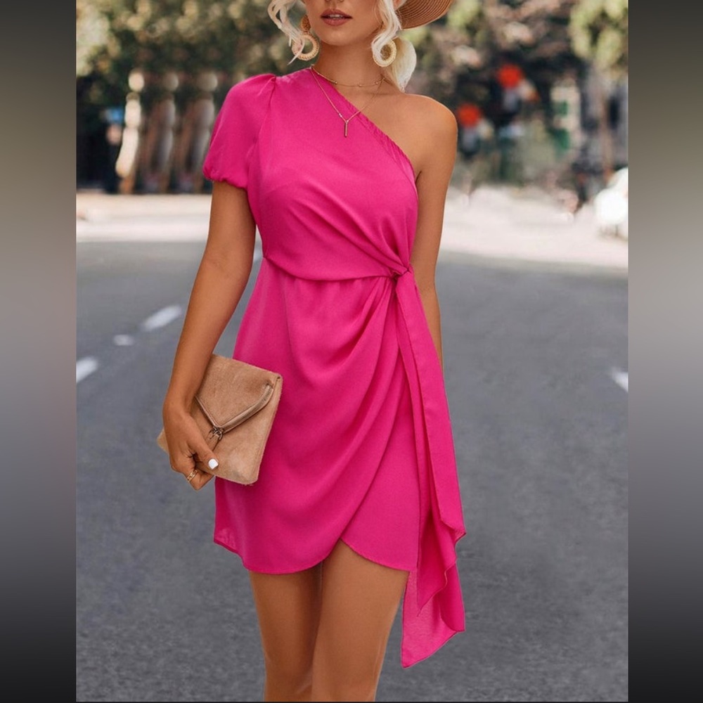 One shoulder tie waist mini dress